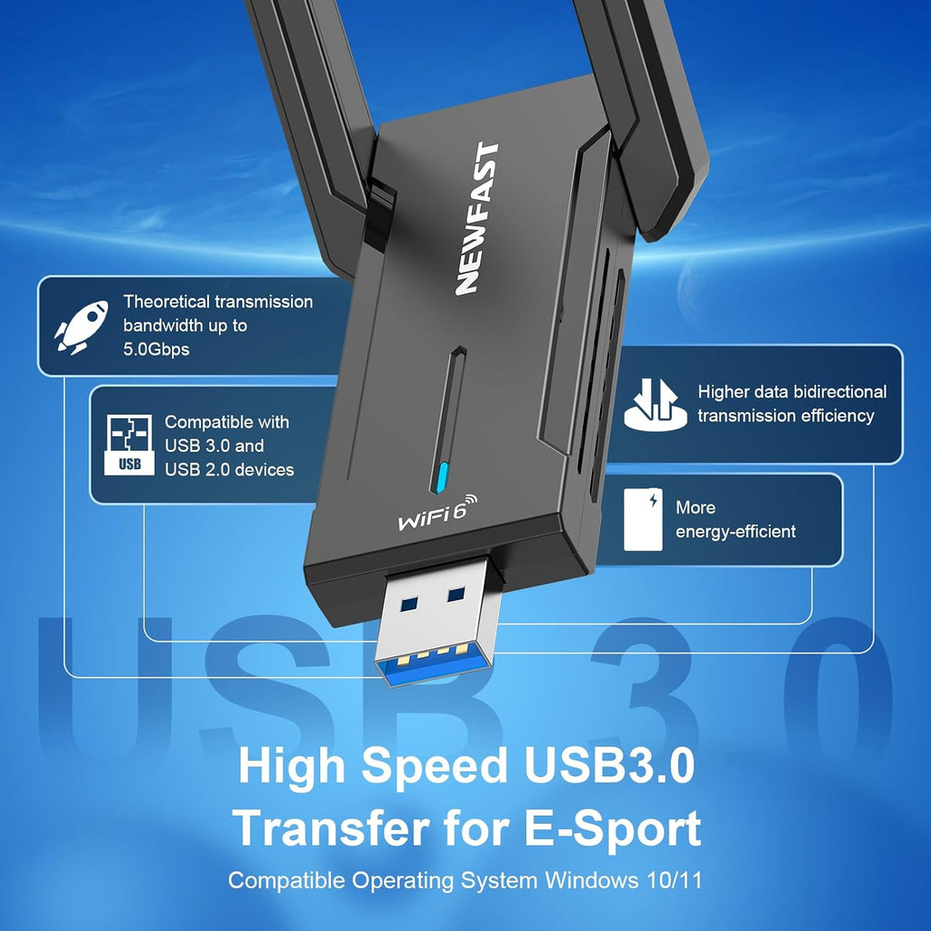 NEWFAST AXE5400 Adaptador USB WiFi 6 para PC de escritorio NF-U353, adaptador de red inalámbrica de tres bandas para escritorio, 6GHz/5GHz/2.4GHz Transceptor de red inalámbrica USB WiFi Dongle para
