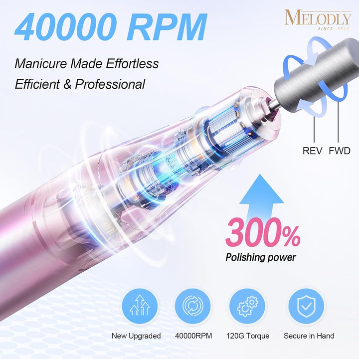 Melodly - Taladro de uñas eléctrico profesional de 40000 RPM, kit d...