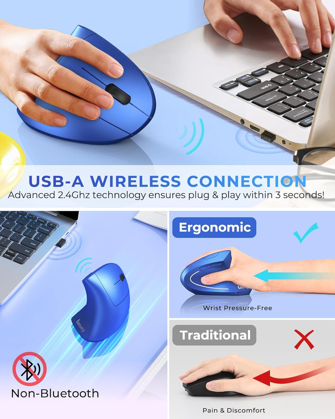 Lekvey Ratón ergonómico, ratón inalámbrico vertical recargable 2.4G...