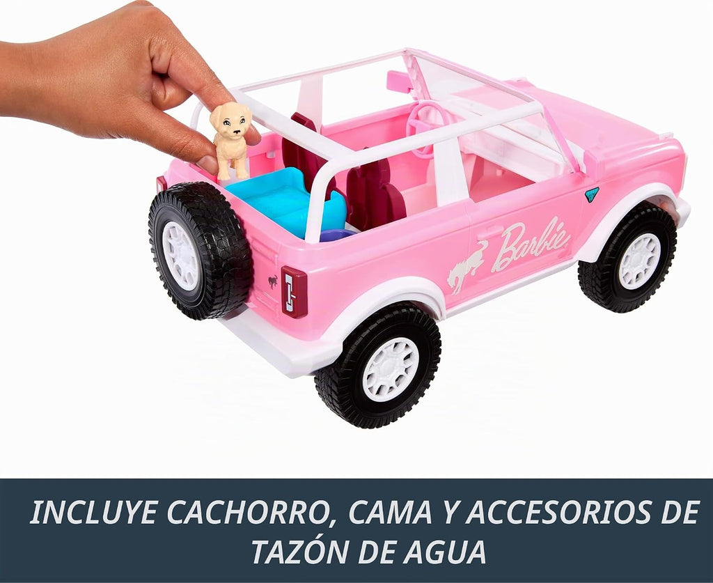 Hot Wheels RC Barbie Ford Bronco - Auto de juguete con control remoto, vehículo RC con accesorio para cachorros, cama y cuenco para perro, además de calcomanías para personalización, se adapta a 2