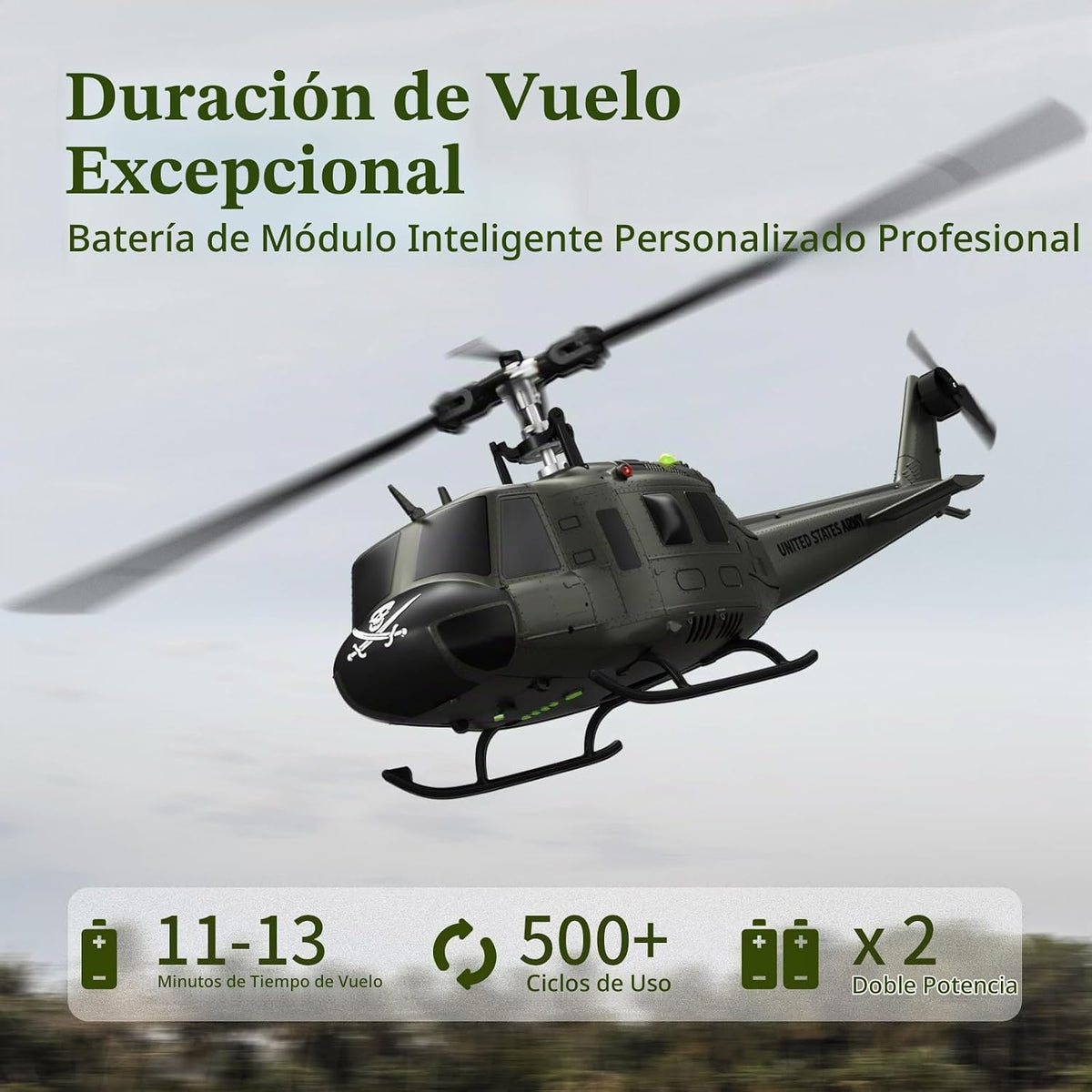 Helicóptero RC UH-1 - Helicóptero de control remoto coleccionable Huey con vuelo estacionario automático para adultos, principiantes, escala 1/27, 2 baterías