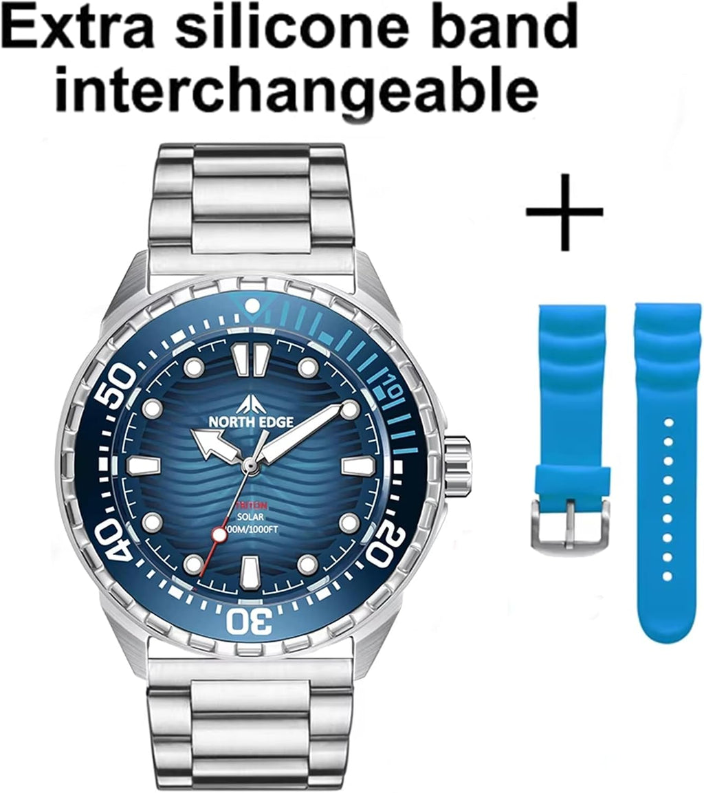 Triton - Reloj solar de buceo para hombre, 984.3 ft/1000 pies, resistente al agua, reloj de buceo de cuarzo, batería solar recargable, esfera luminosa, bisel unidireccional, caja de acero