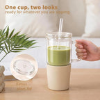 Vaso de vidrio de doble pared con asa y tapa con popote, taza de viaje aislada de 20 onzas para bebidas frías y calientes, vaso de vidrio transparente apto para portavasos