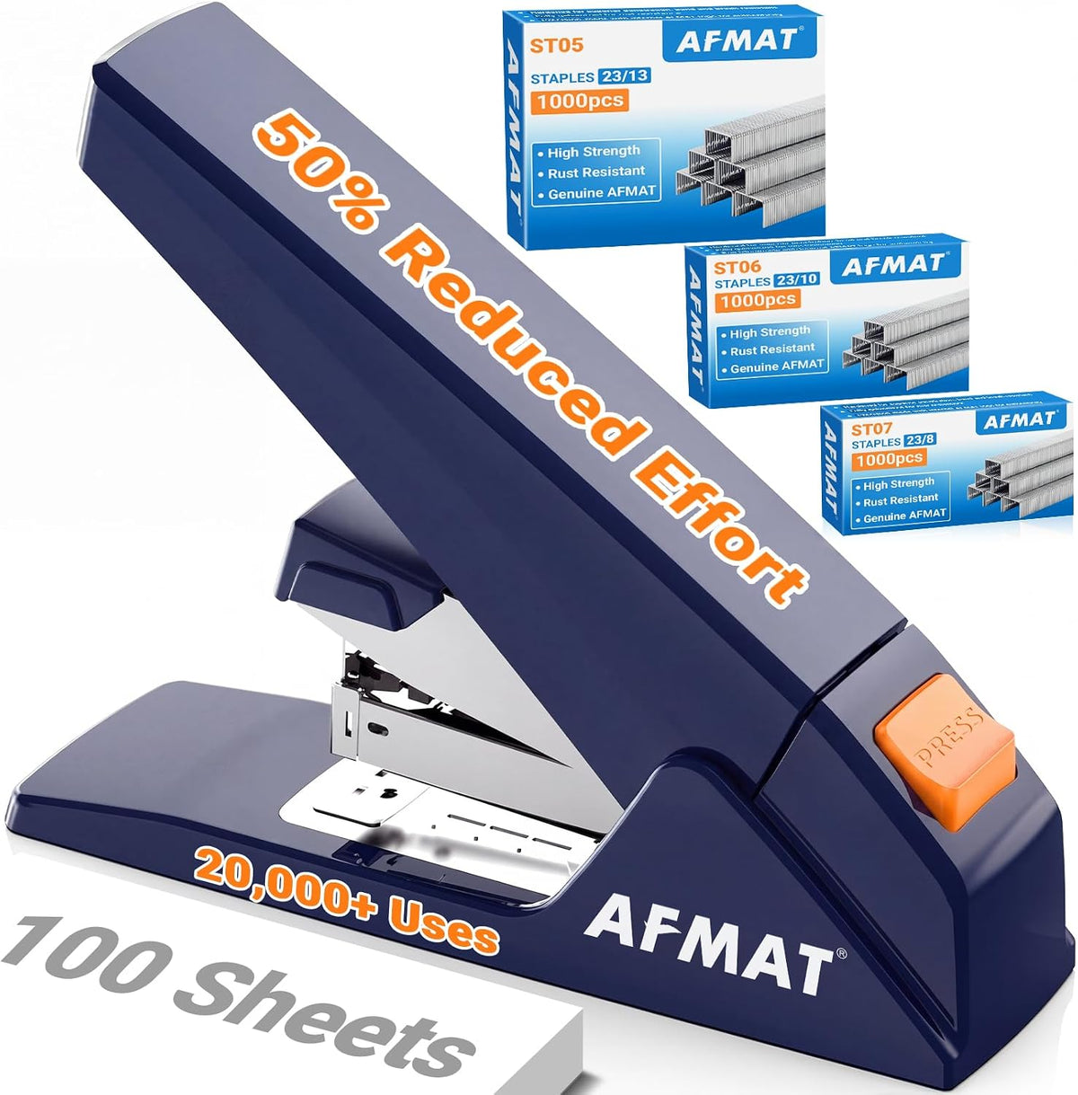 AFMAT Engrapadora resistente ES18 - 100 hojas, 50% menos esfuerzo, más de