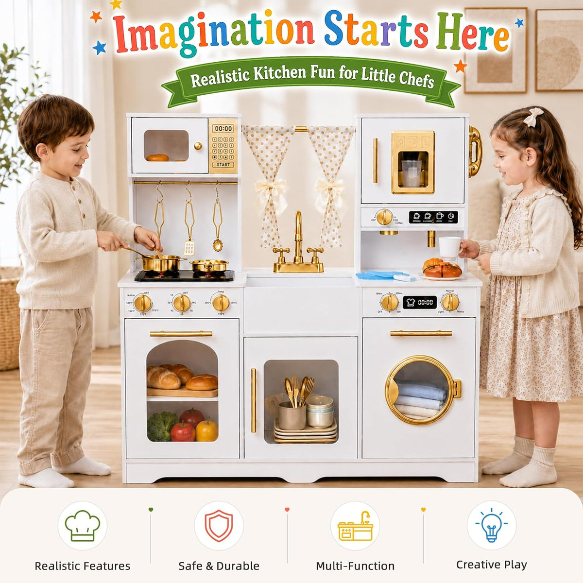 Cocina de madera para niños con 25 accesorios de comida de juguete