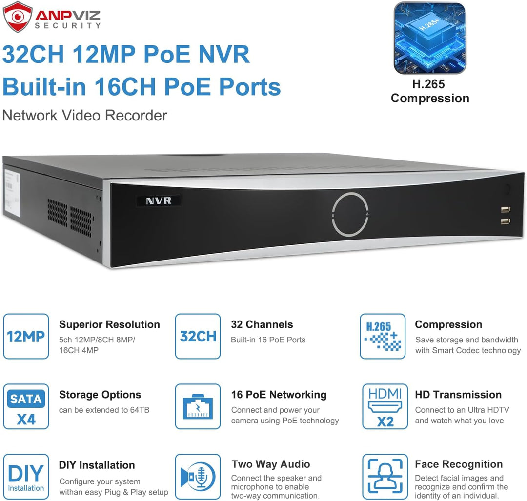 Anpviz NVR PoE de 32 canales 4K 12MP con 16 puertos PoE y 2 HDMI -...
