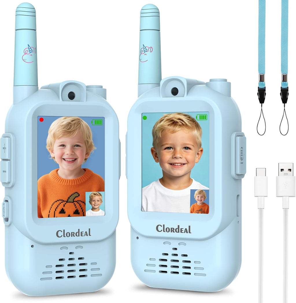 Walkie Talkies de video para niños con videollamadas cara a cara, cambiador de voz, cámara y almacenamiento de fotos, rango de 600 pies, juguete recargable para niños y niñas de 3 a 12 años