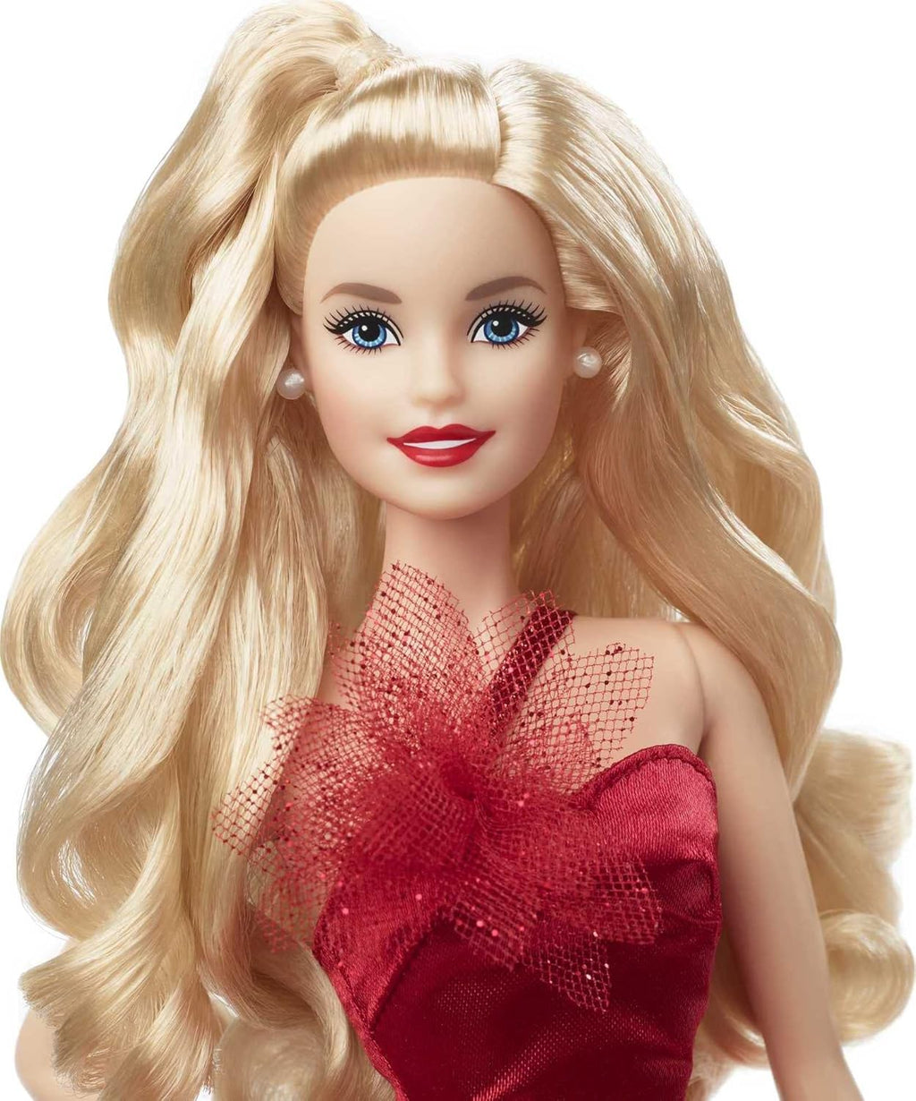 Muñeca Barbie Signature 2022 de festividades, cabello rubio ondulado con vestido rojo inspirado en la flor de Nochebuena, colección coleccionable con soporte para muñeca y certificado de autenticidad