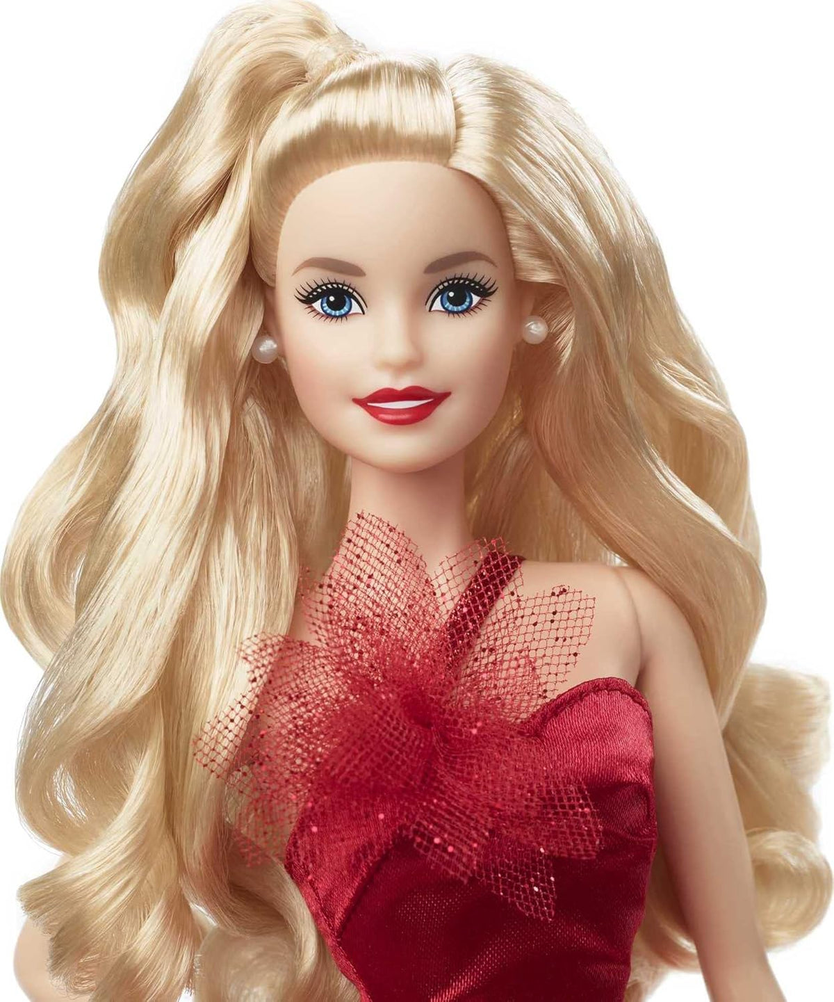 Muñeca Barbie Signature 2022 de festividades, cabello rubio ondulado con vestido rojo inspirado en la flor de Nochebuena, colección coleccionable con soporte para muñeca y certificado de autenticidad