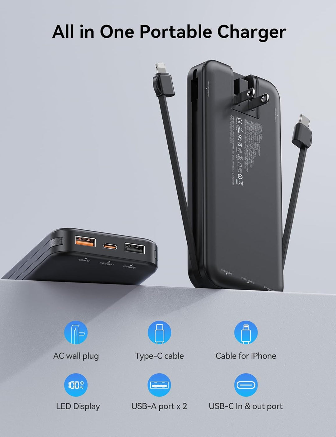 Banco de Energía aonidi de 12000mAh Ultra-Portátil con Cables Integ...