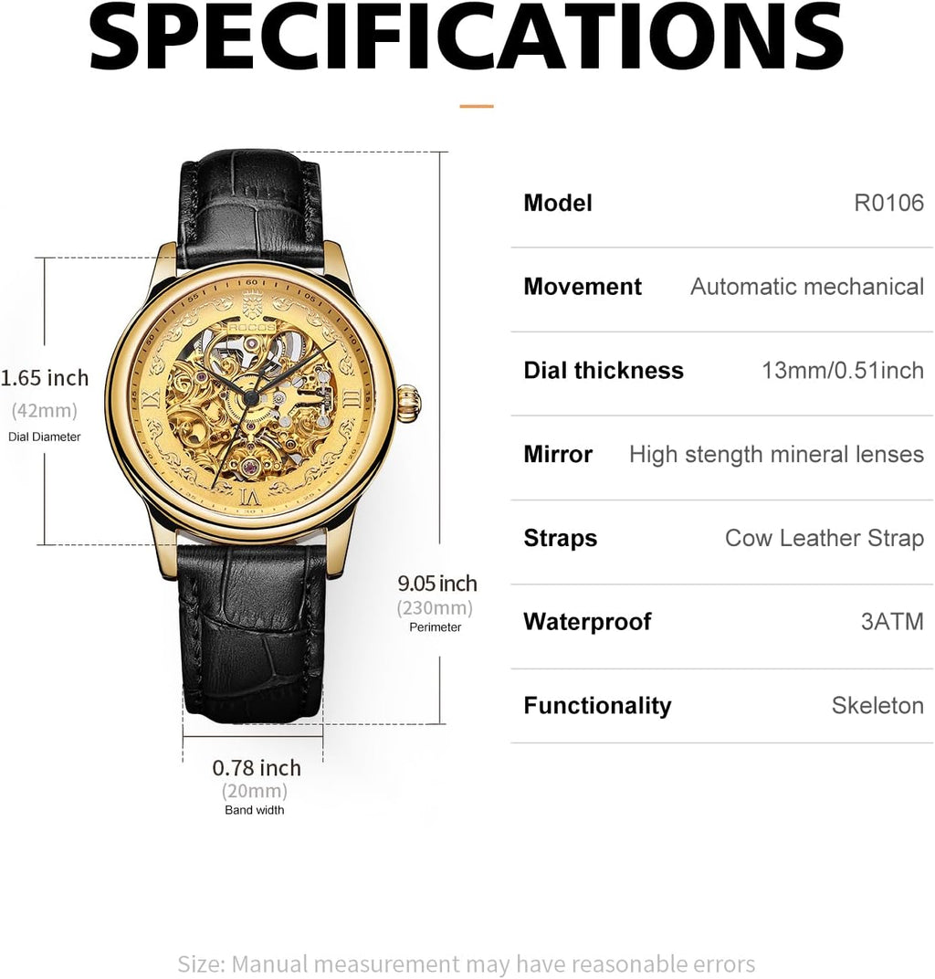 ROCOSJEWE R0106 Reloj Automático para Hombres – Esqueleto de Dial en Oro de Lujo, Reloj Mecánico de Gran Reserva Automático, Reloj de Moda para Hombre, Reloj con Correa de Cuero Negra/Marrón, Resistente al Agua, Regalo para Hombres
