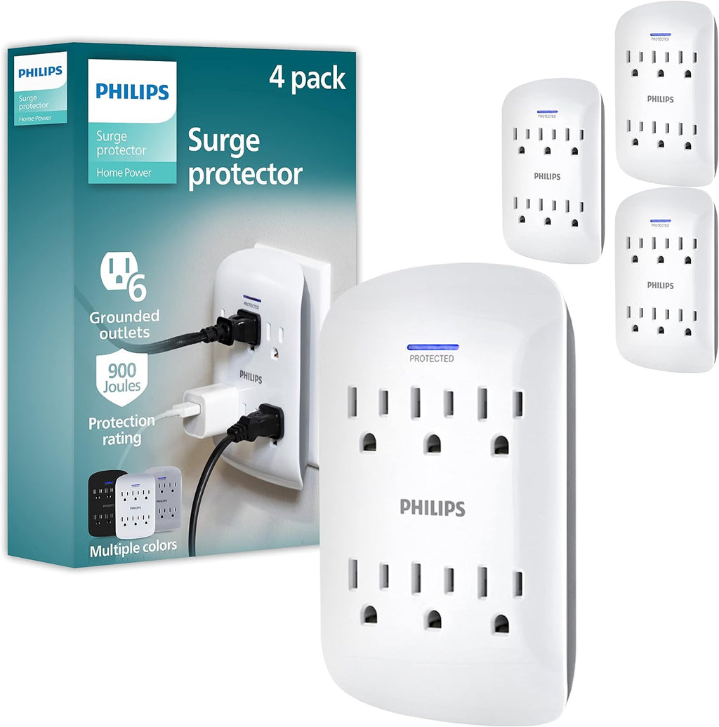 Lámpara Philips - Protector de sobretensiones extensor de 6 tomas, paquete de 4