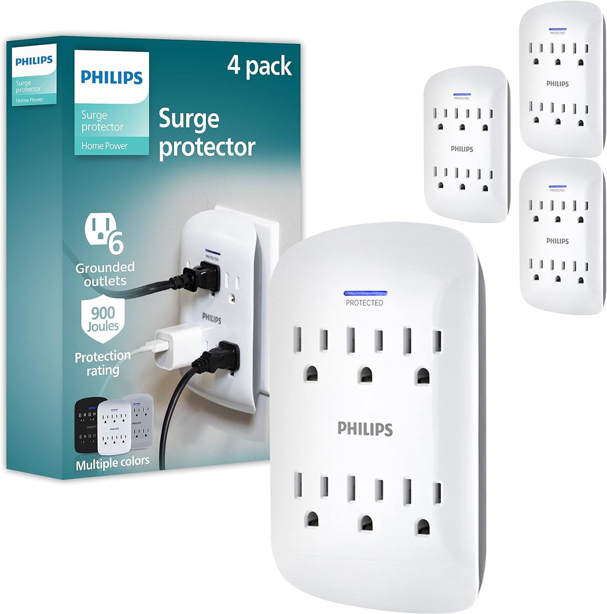 Lámpara Philips - Protector de sobretensiones extensor de 6 tomas, paquete de 4