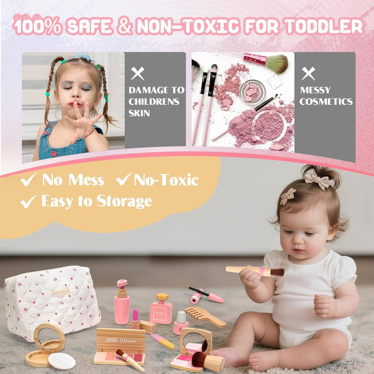 Maquillaje de madera para niños pequeños de 1 a 3 años, 100% seguro y no tóxico