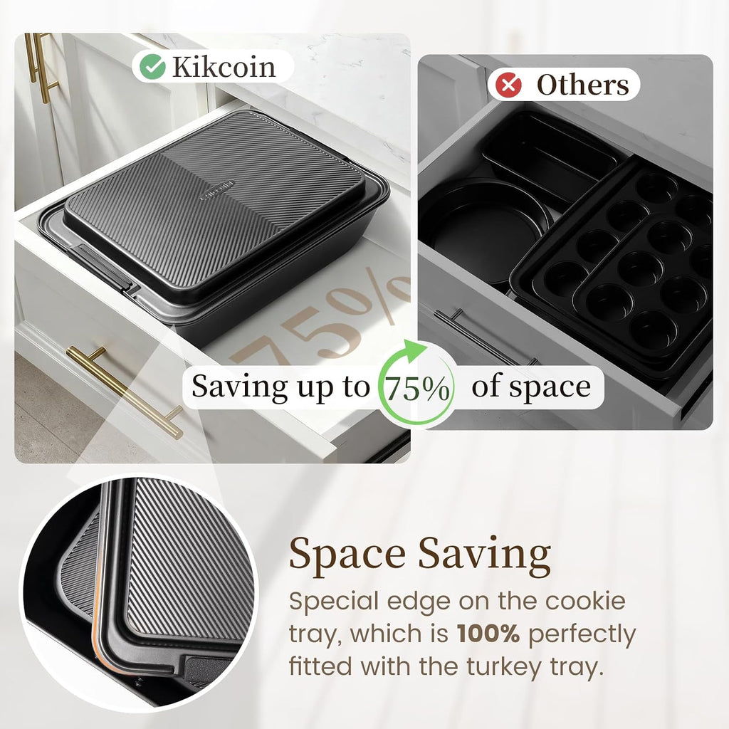 Kikcoin - Juego de 25 sartenes antiadherentes para hornear con bandeja grande para asar pavo, juego de utensilios de cerámica apilables para hornear de 450 °F con asas de silicona, hojas de galletas