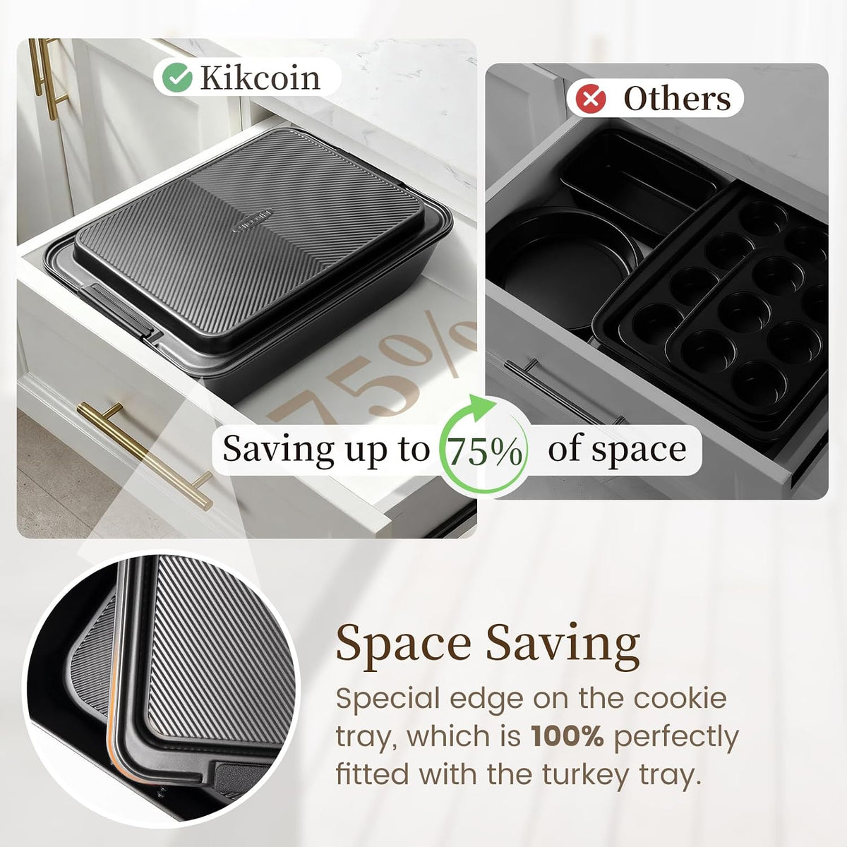 Kikcoin - Juego de 25 sartenes antiadherentes para hornear con bandeja grande para asar pavo, juego de utensilios de cerámica apilables para hornear de 450 °F con asas de silicona, hojas de galletas