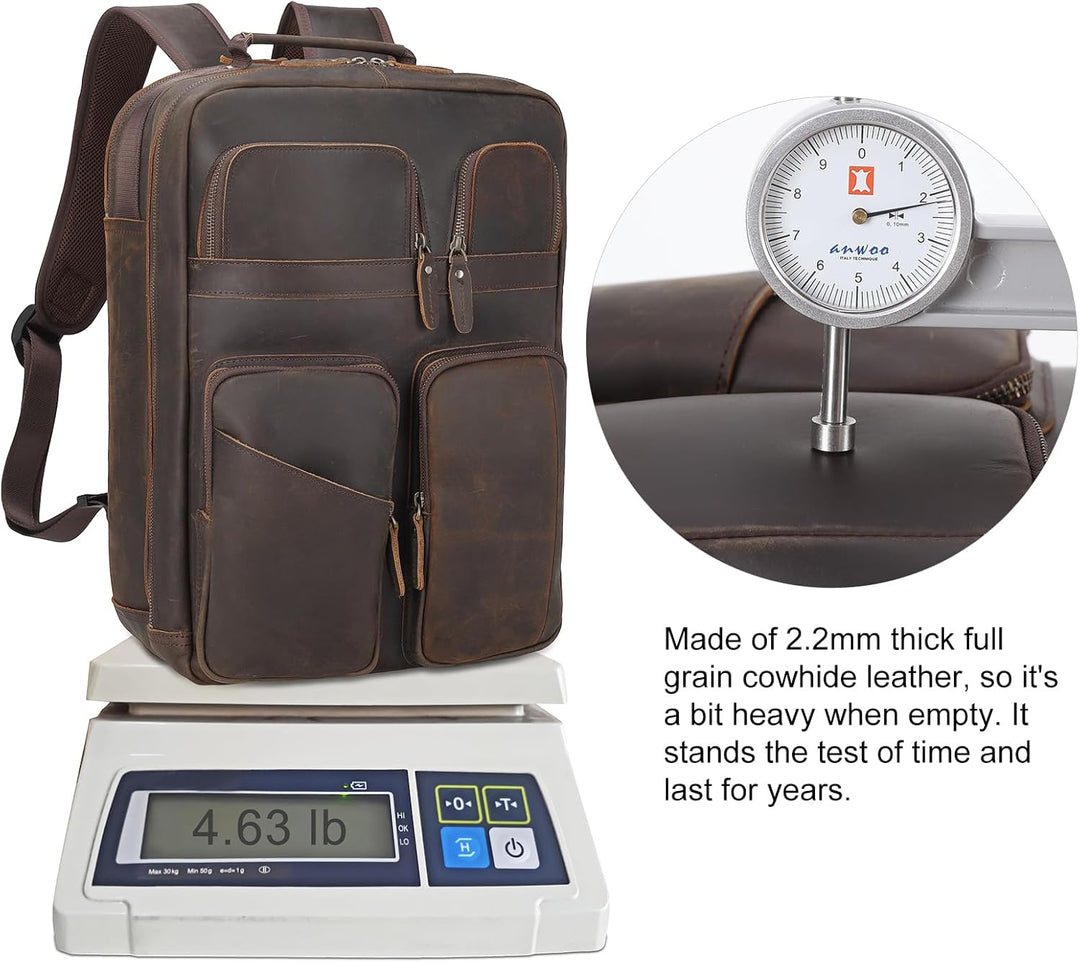 TIDING Mochila para portátil de cuero de grano completo de 17.3 pul...