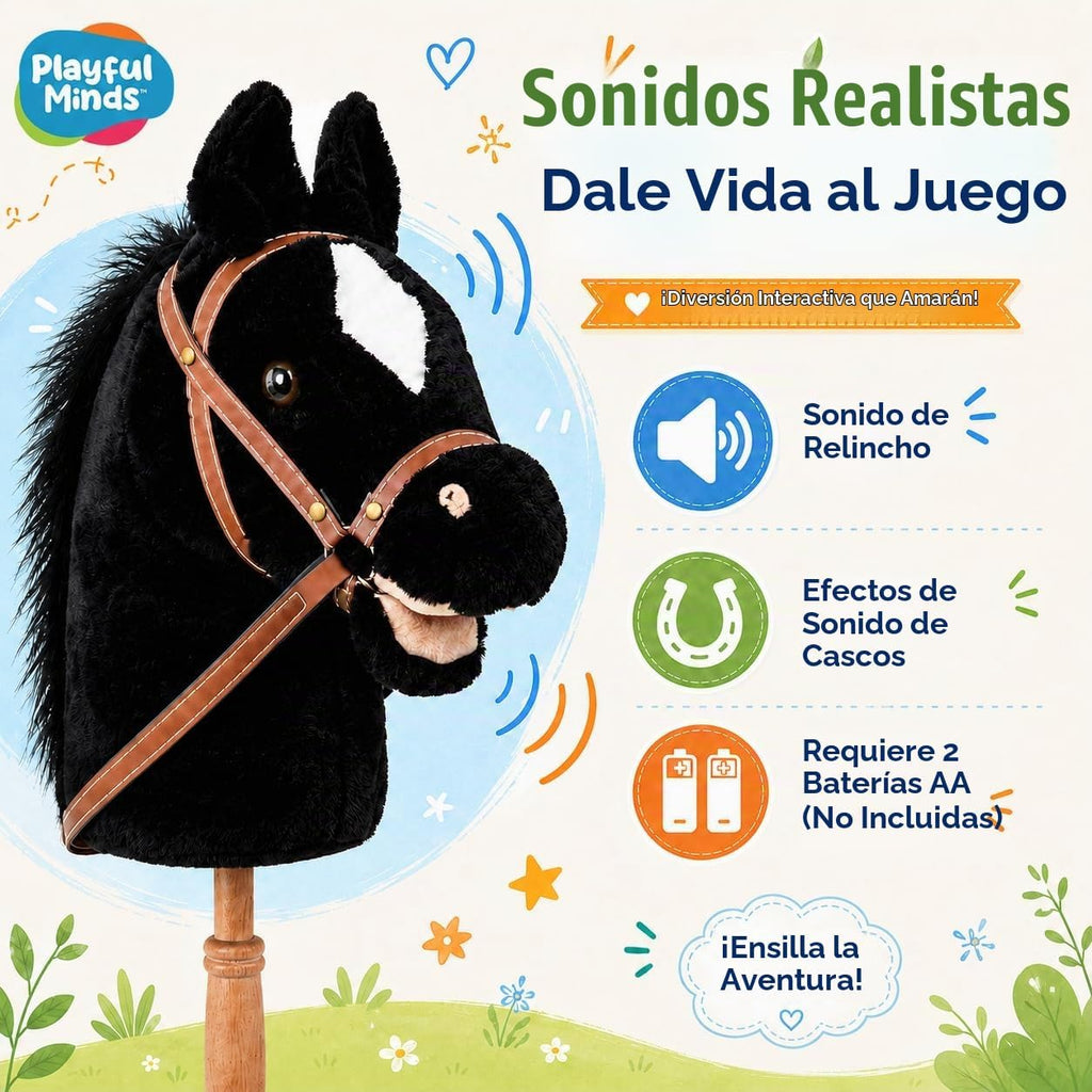 Nature Bound Caballo de palo | Caballo en un palo con efectos de sonido – Poni de peluche hecho a mano para niños pequeños y niños | Mango de madera resistente cosido a mano | Juguete de caballo de juego de simulación (negro)