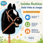 Nature Bound Caballo de palo | Caballo en un palo con efectos de sonido – Poni de peluche hecho a mano para niños pequeños y niños | Mango de madera resistente cosido a mano | Juguete de caballo de juego de simulación (negro)