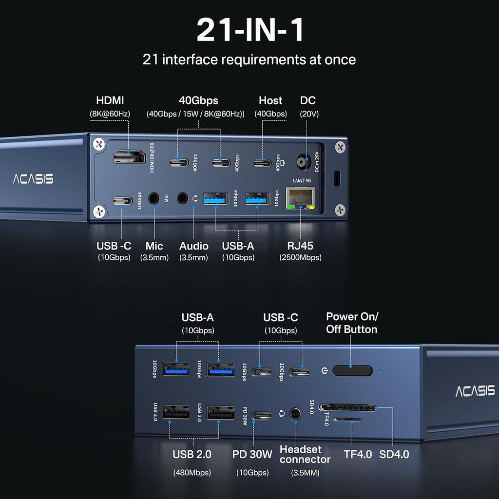 ACASIS Thunderbolt 4 Dock 21-IN-140 gbps para MacBook Pro Docking Station Dual Monitor, 8K60Hz HDMI 2.5 GbE Ethernet SD/TF 4.010Gbps 7*USB C/A, audio de 0.138 in, base de 40 Gbps para Mac/Dell/HP/Lenovo/ThinkPad