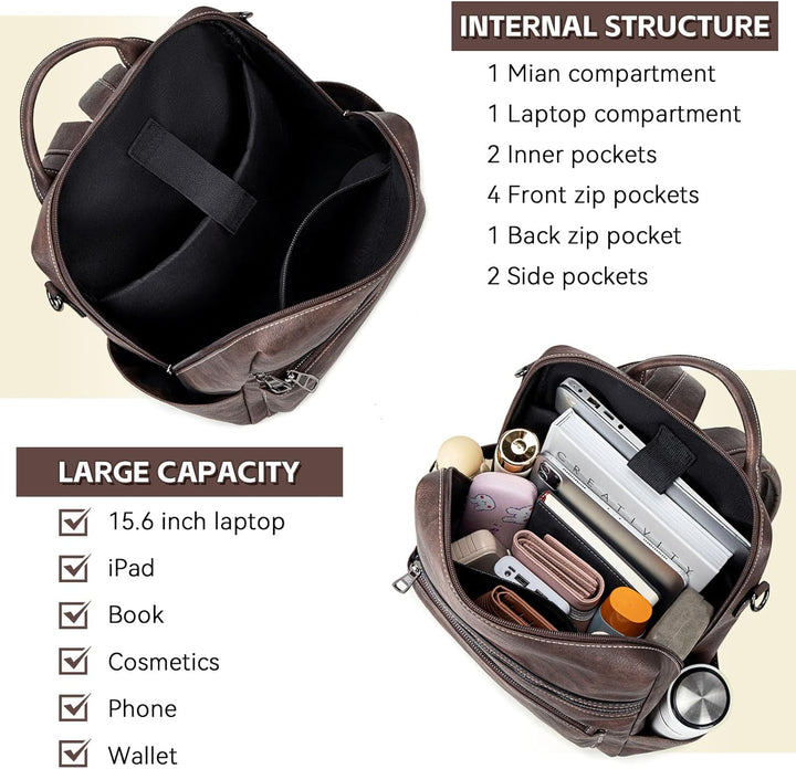 Mochila de cuero vegano para laptop AGLOD para mujer, mochila de 15...