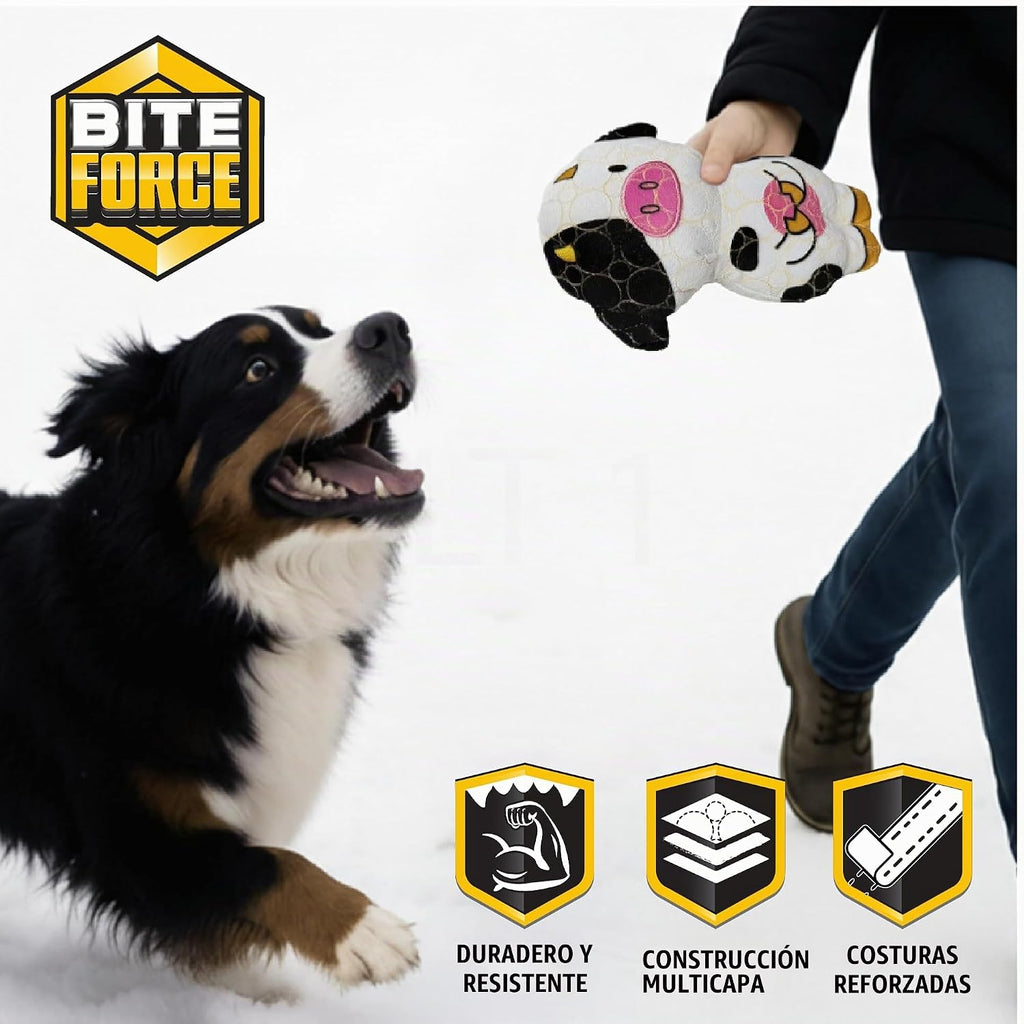 Bite Force - Juguetes de perro duraderos y resistentes con forma de vaca y silbato, reforzados con Kevlar para perros masticadores agresivos de raza pequeña, mediana y grande - Blanco y rosa.