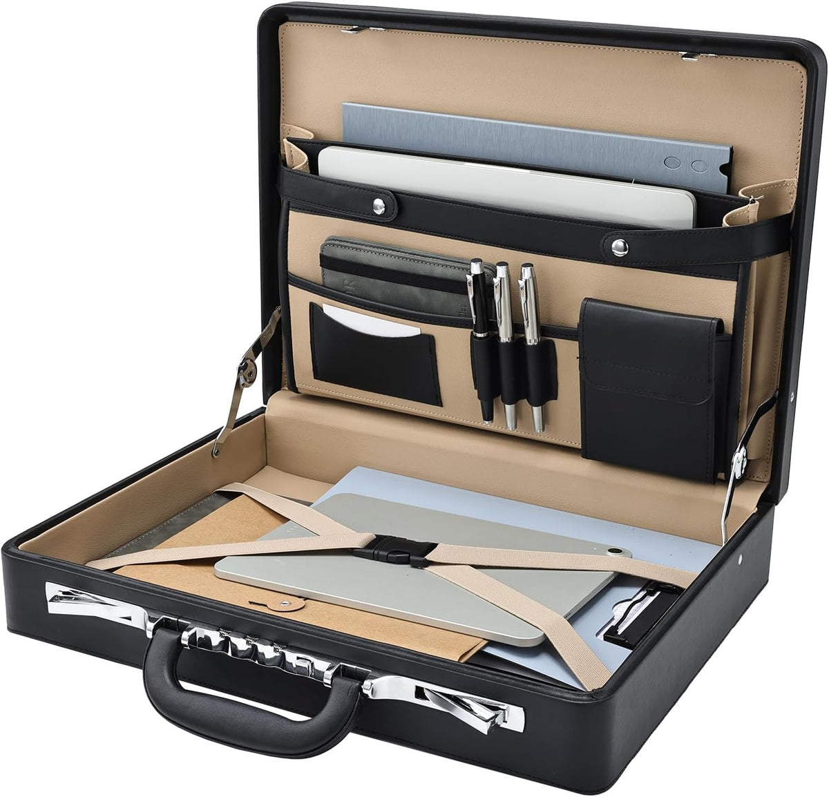 Maletines para hombre, estuche de transporte para portátil de 16 pulgadas, impermeable, de piel sintética, organizador de múltiples archivos con bloqueo antirrobo, estuche profesional de negocios para