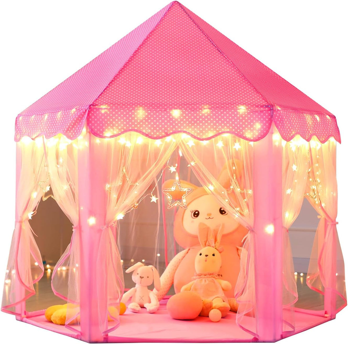 Tienda de campaña estilo castillo de princesa para niñas - Casa de juegos grande de 55 x 53 pulgadas con luces de estrella para juegos en interiores y exteriores