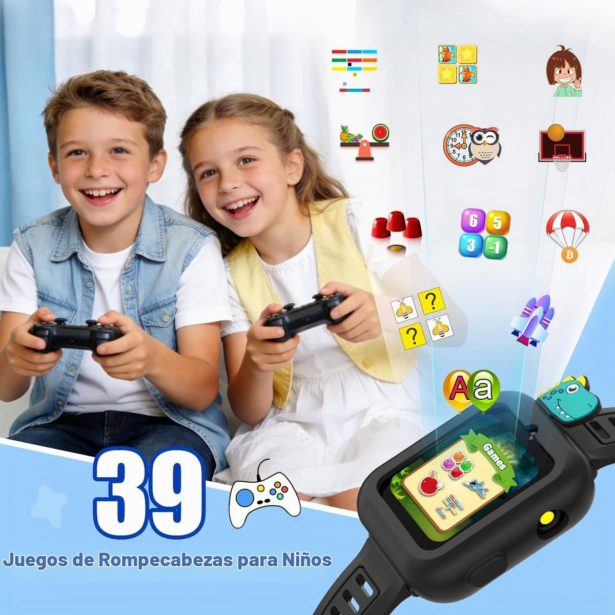 Reloj inteligente para niños, 39 juegos, cámara, video, música, podómetro, grabadora