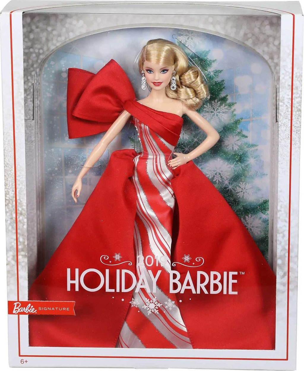 Barbie Muñeca navideña 2019, 11.5 pulgadas, rubia, con vestido rojo y blanco, con soporte para muñeca y certificado de autenticidad