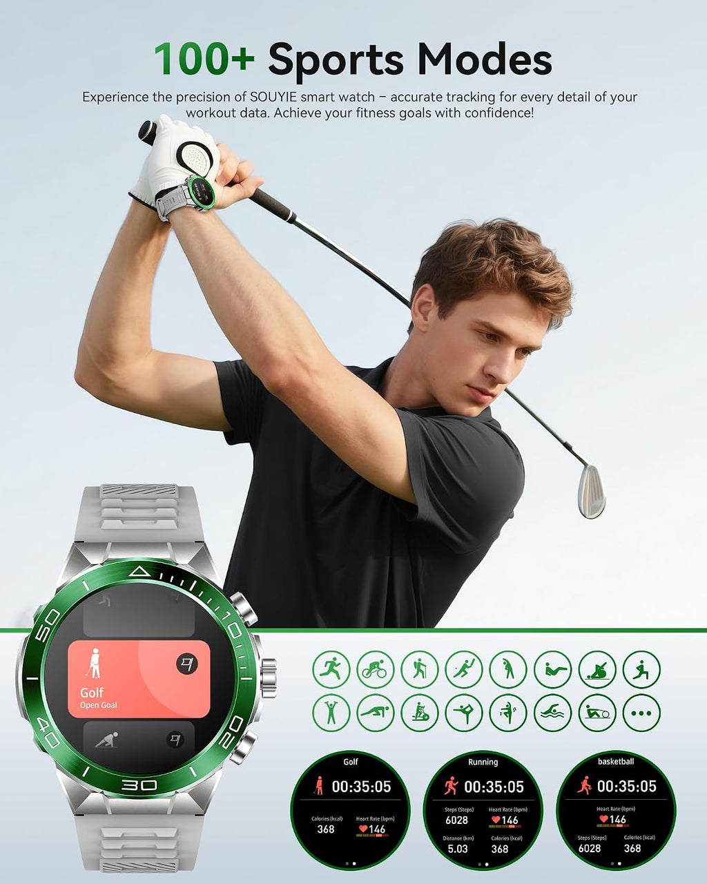 SOUYIE Reloj inteligente militar resistente para hombres 1.43 "AMOLED
