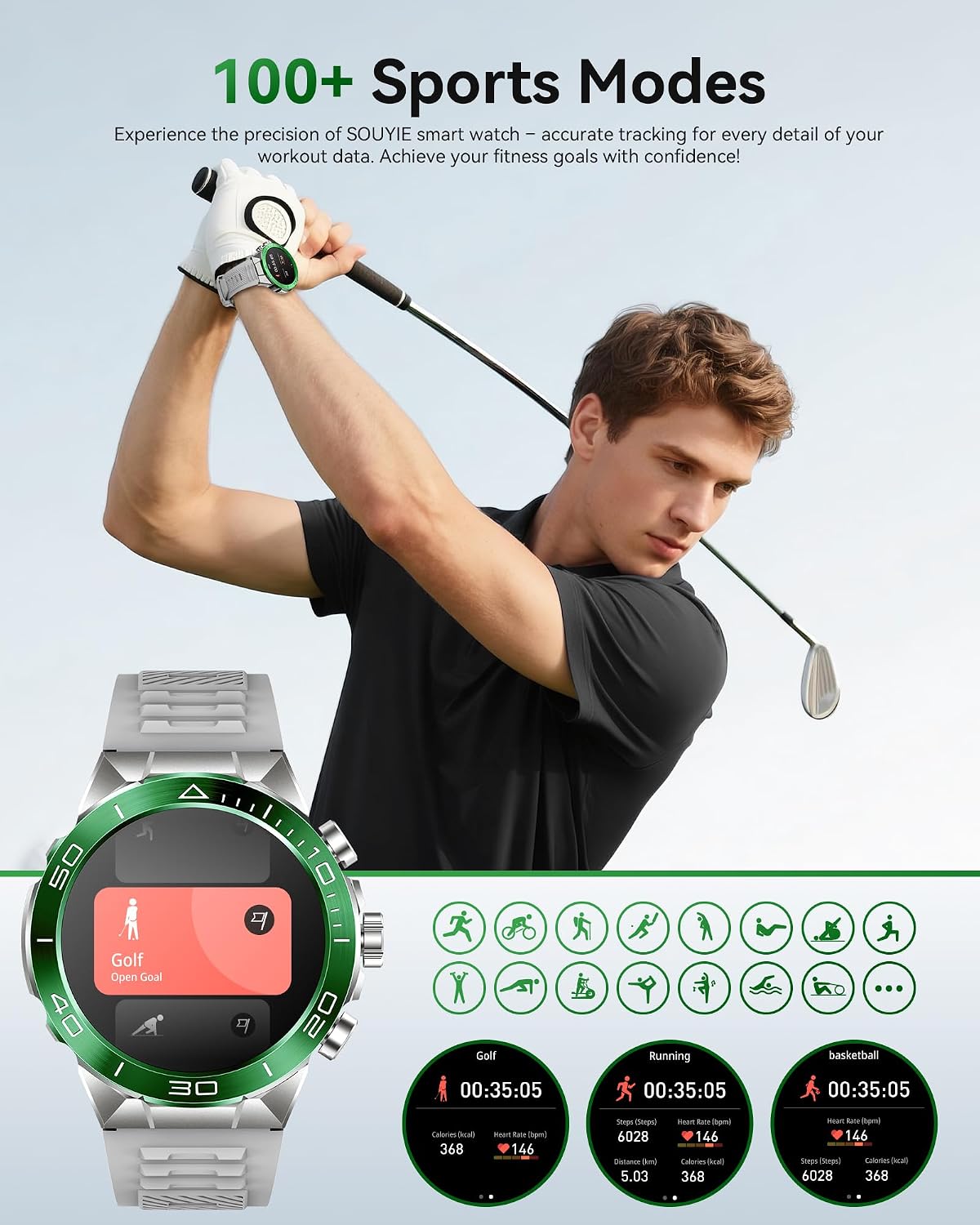 SOUYIE Reloj inteligente militar resistente para hombres 1.43 "AMOLED