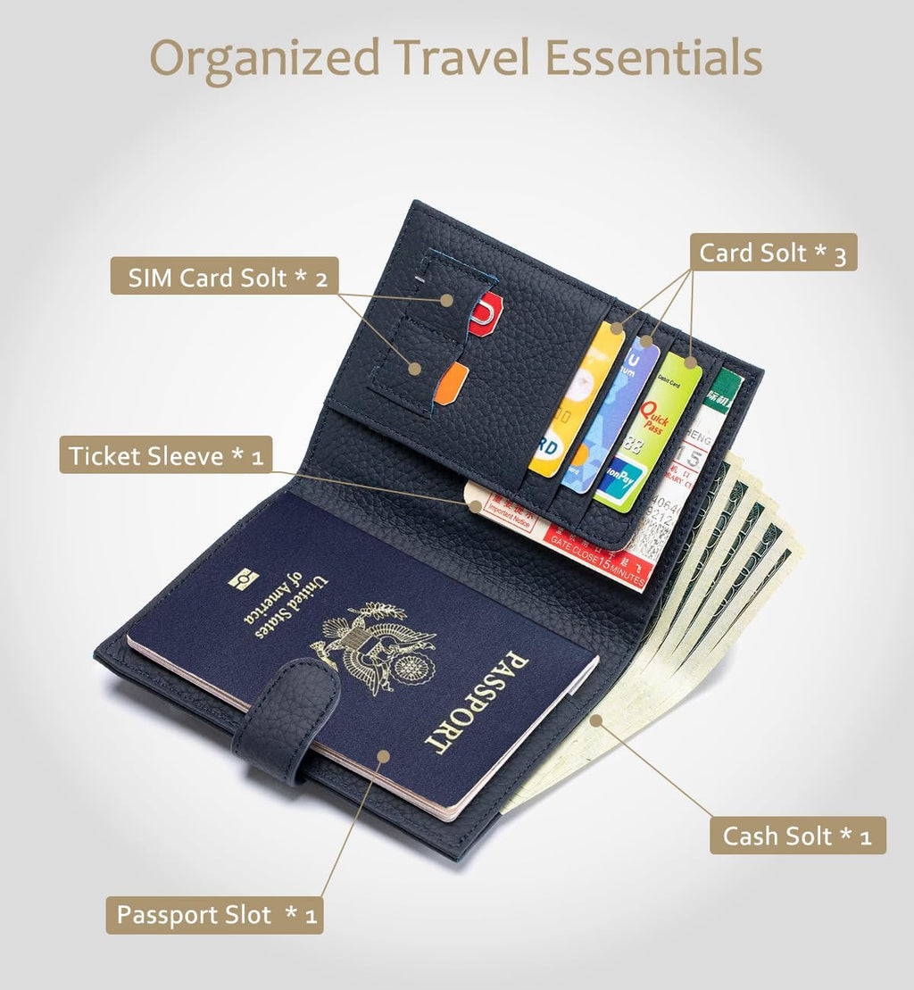 Soporte de cuero con bloqueo RFID para pasaporte para viajes para mujeres y hombres