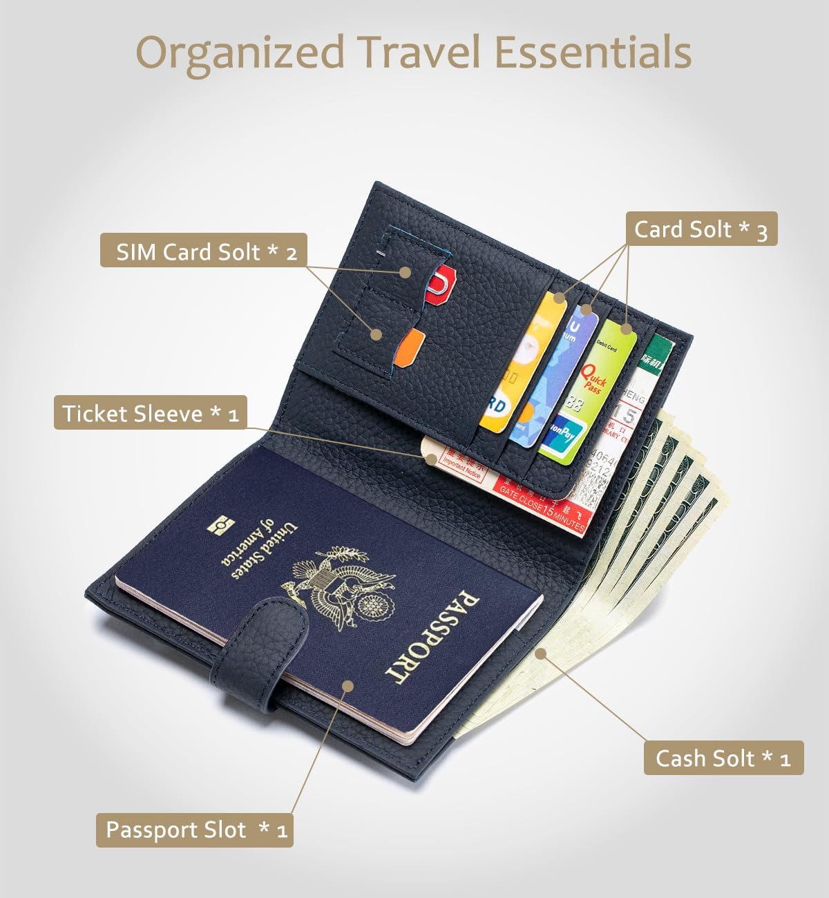Soporte de cuero con bloqueo RFID para pasaporte para viajes para mujeres y hombres