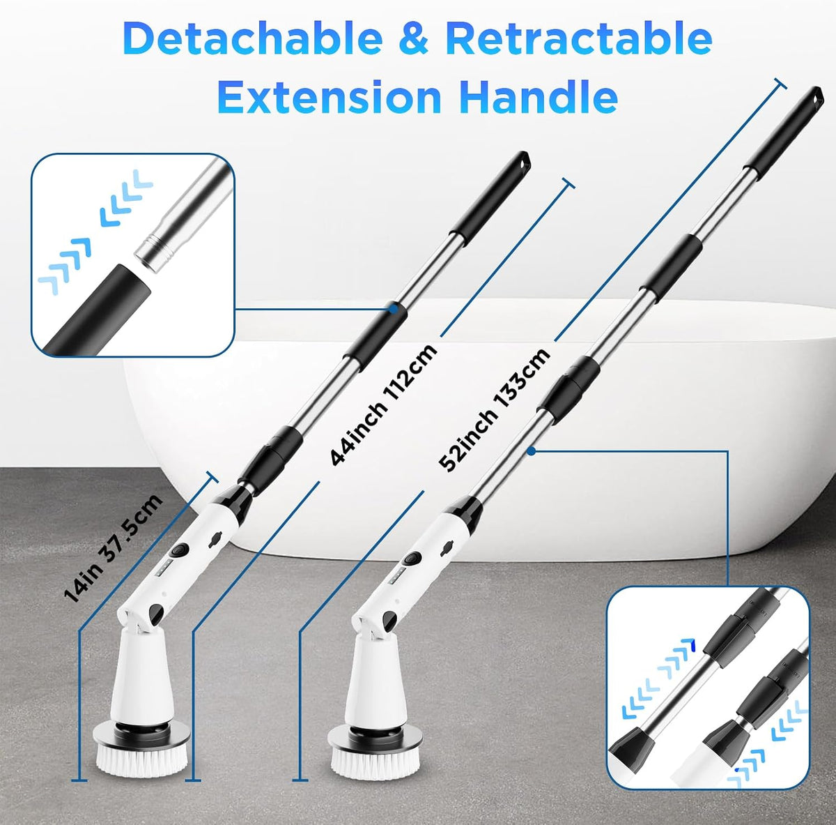 Limpiador eléctrico giratorio, limpiador de baño, cepillo de limpieza de ducha eléctrico con mango extensible y 4 cabezales de cepillo, limpiador de ducha para bañera, azulejos, lechada, cocina