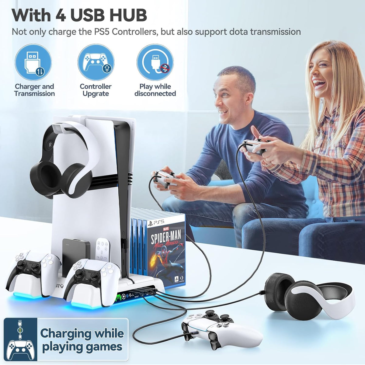PS5\/Slim\/Pro Stand and Cooling Station with LED Controller Chargi...