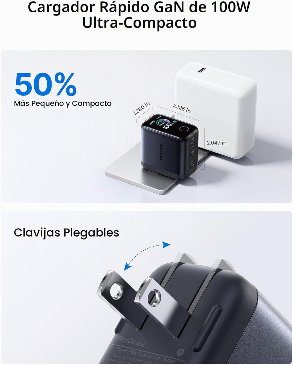 Baseus PicoGo Pro AH22 Cargador USB C de 100 W de carga rápida con pantalla