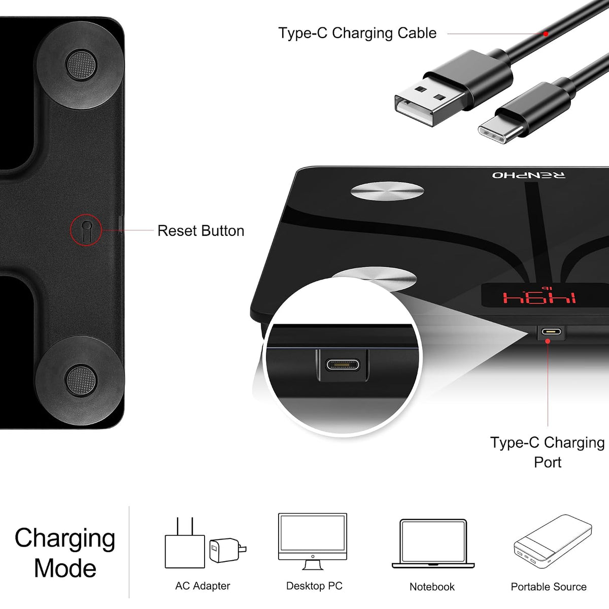 RENPHO Elis 1 Smart Scale, USB-C recargable, 13 métricas de cuerpo, 400