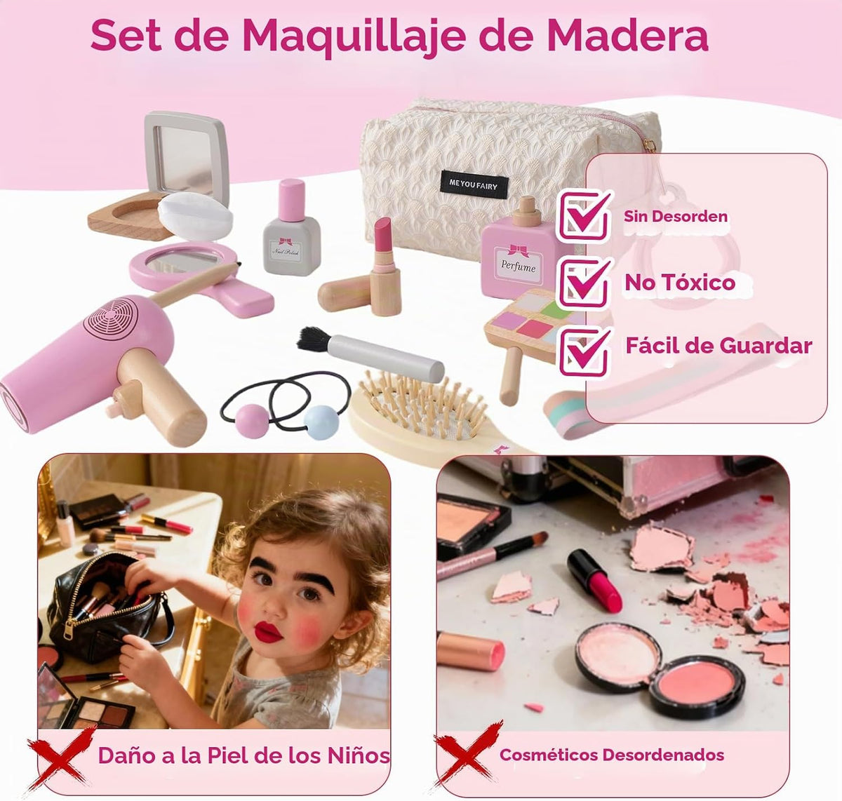 Juego de 19 juguetes de maquillaje de madera para niños pequeños, juegos de simulación para niños, juguetes de rol para niños, juguetes de salón de cosméticos falsos