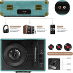 Tocadiscos de vinilo de 3 velocidades Bluetooth Maleta portátil accionado por correa, tocadiscos con altavoces, compatible con Bluetooth, salida RCA, entrada auxiliar de 0.138 in y conector para auriculares