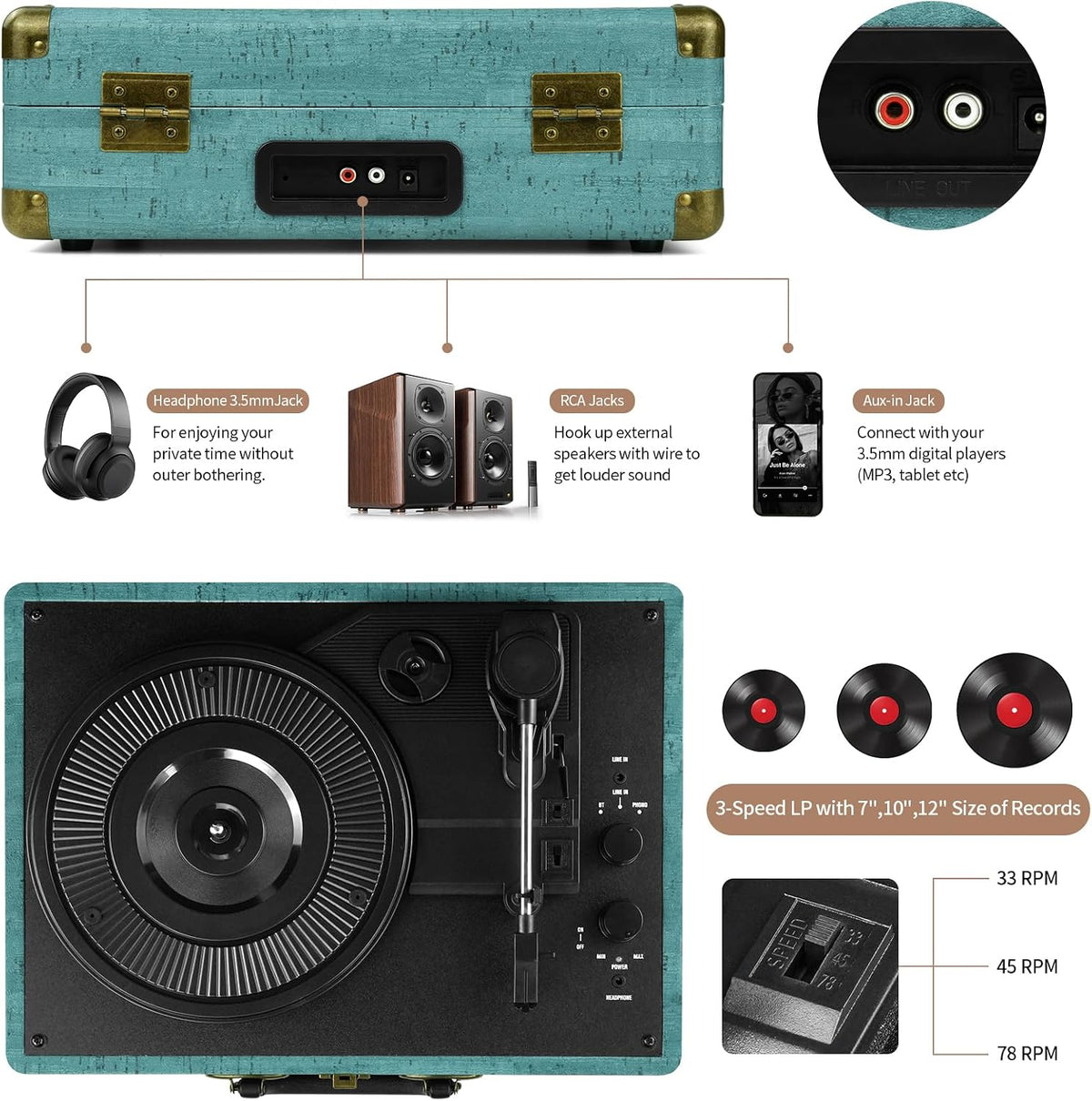 Tocadiscos de vinilo de 3 velocidades Bluetooth Maleta portátil accionado por correa, tocadiscos con altavoces, compatible con Bluetooth, salida RCA, entrada auxiliar de 0.138 in y conector para auriculares