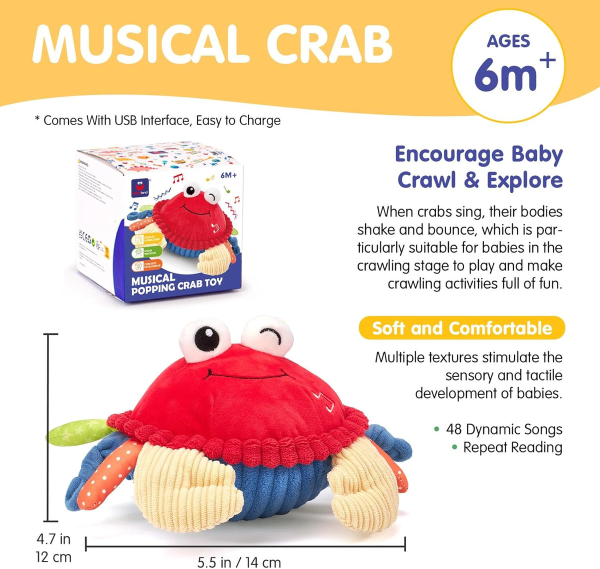 hahaland Baby 6+ Months Tummy Time Musical Bouncing Crab Crawling Toy