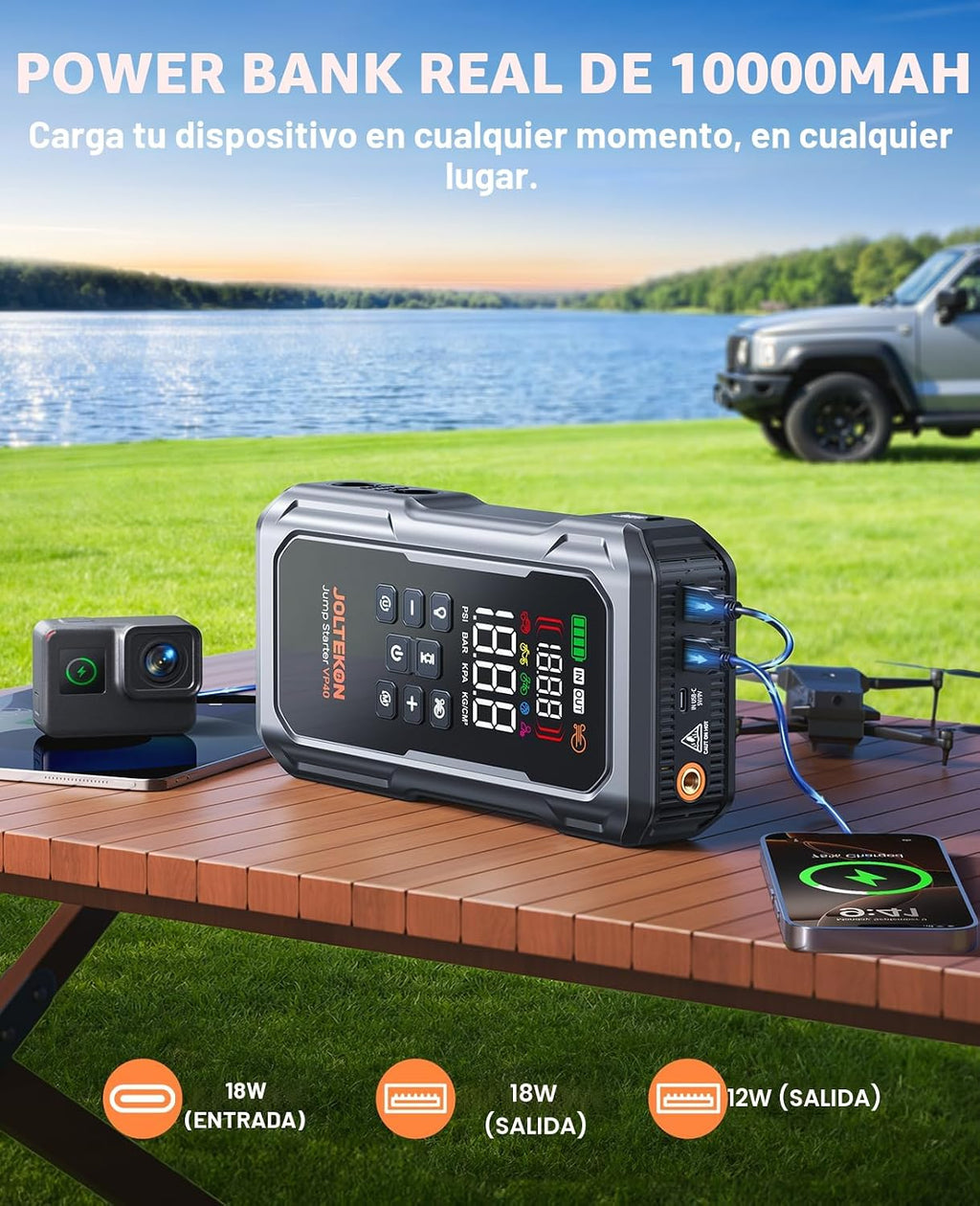 Arrancador de batería de coche 9 en 1 de 6000A 160PSI con compresor de aire y soplador de aire (todo gas 12L diesel), caja de arranque portátil para batería de automóvil con luz de 800