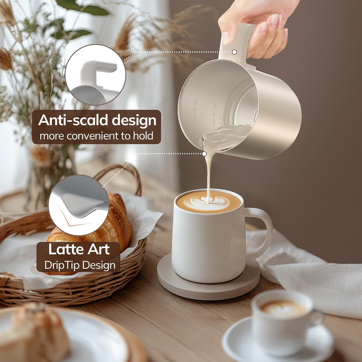 Espumador de leche eléctrico grande y vaporizador, vaporizador de leche de 16.9 onzas y espumador de leche para café con leche o chocolate caliente, apto para lavavajillas, 6 funciones, disfruta de la
