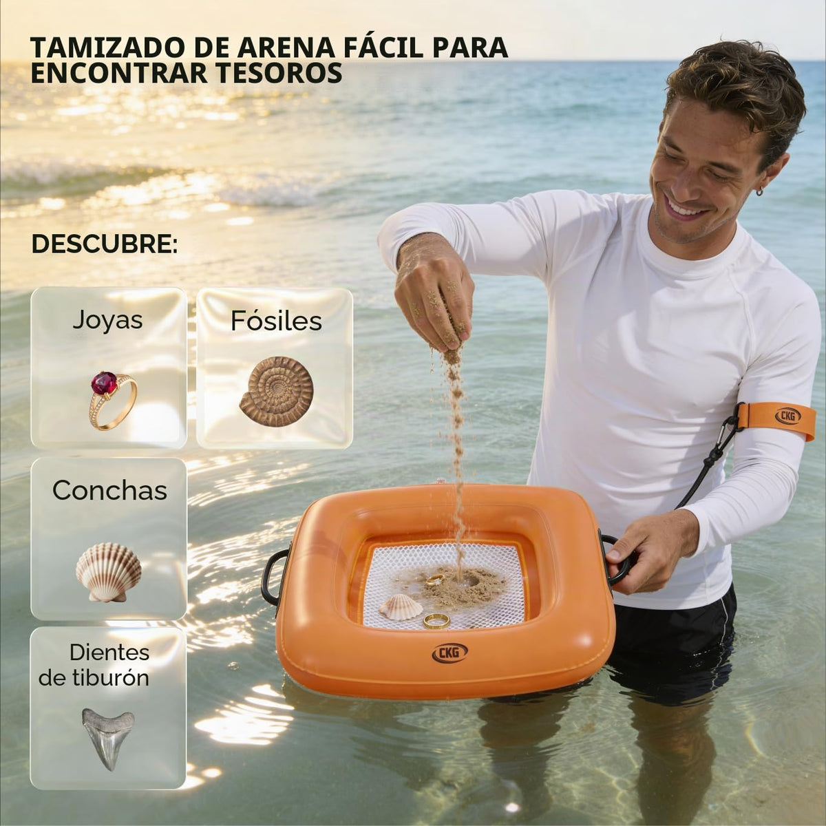 Tamiz de arena inflable flotante, tamiz de diente de tiburón ligero y duradero para la playa con agarre cómodo y doble malla de tamizado, perfecto para detección de metales, accesorios de playa