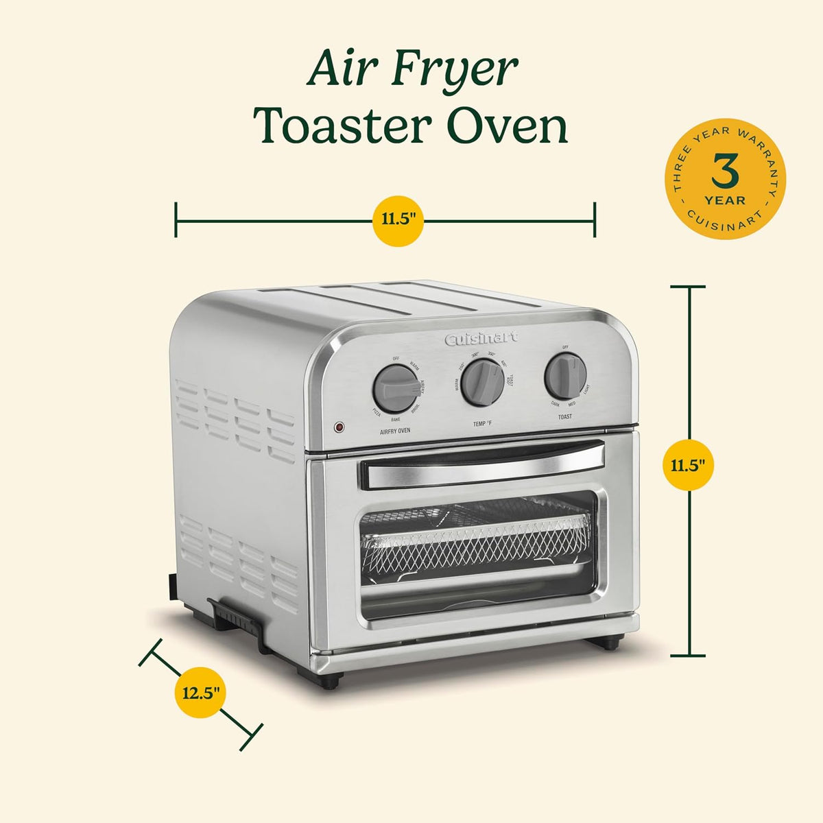 Cuisinart Horno Tostador Freidora de Aire Compacto, Freidora de Acero Inoxidable con Funciones 6-en-1, Temperatura Ajustable, Incluye Estante para Horno, Bandeja para Hornear y Cesta para Freidora de