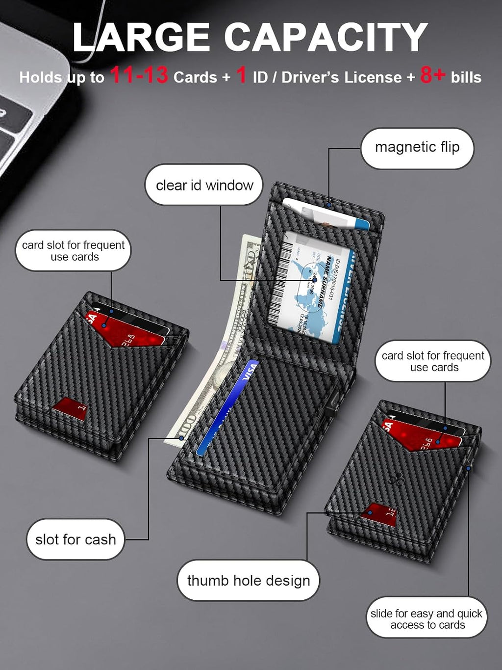 Billetera para hombre con bloqueo RFID minimalista para 12-14 tarjetas | Cartera inteligente delgada y plegable con ventana para identificación y ranura para efectivo, bolsillo frontal, estuche
