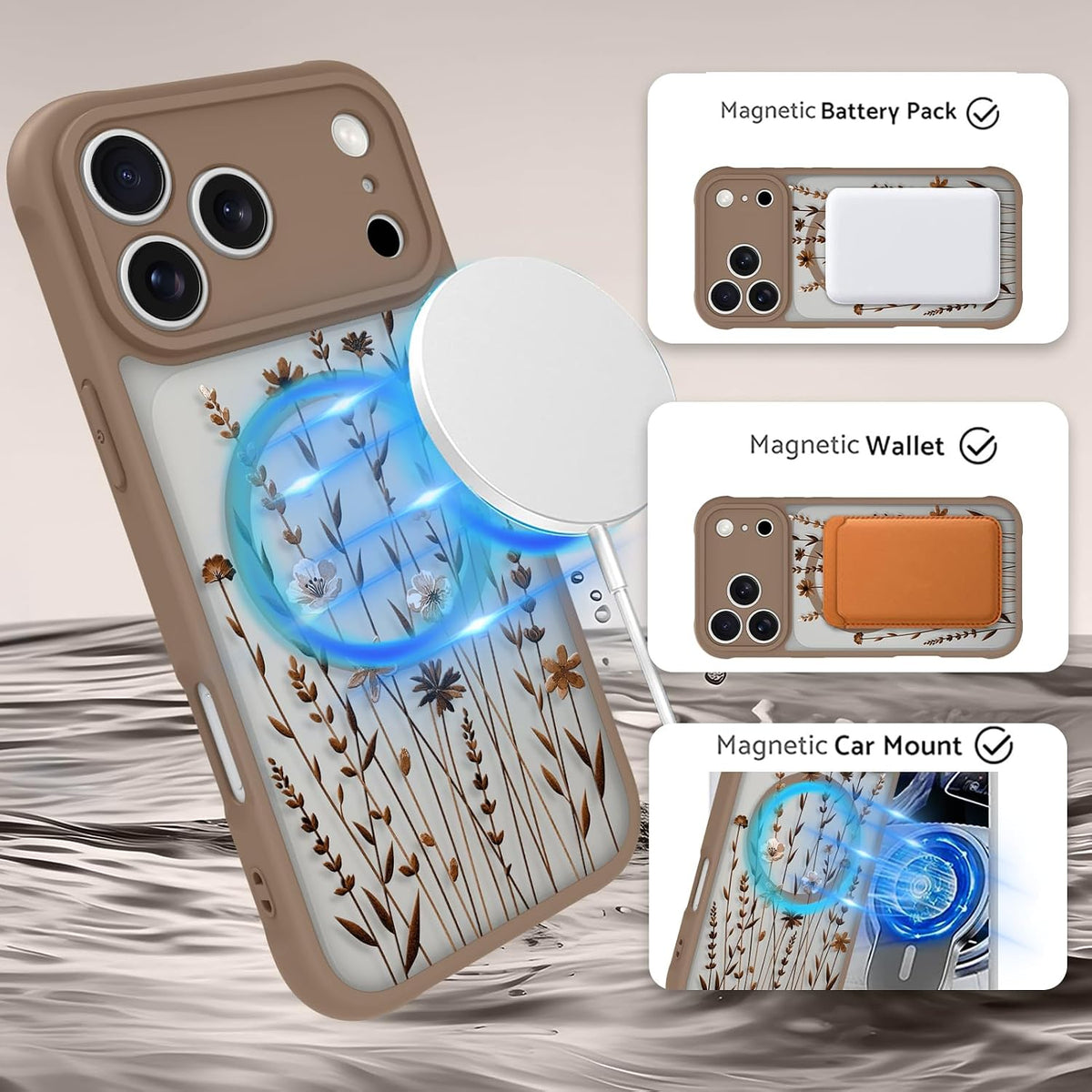 OOK Funda de teléfono marrón con flores florales para Pro de 6.3 pulgadas