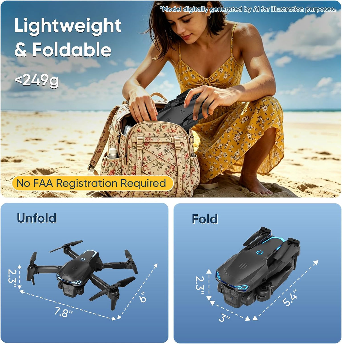 Drone 1080P con cámara para niños y adultos principiantes, cuadricóptero FPV plegable con una tecla de despegue/aterrizaje, control de gestos, giros de 360°, 2 baterías