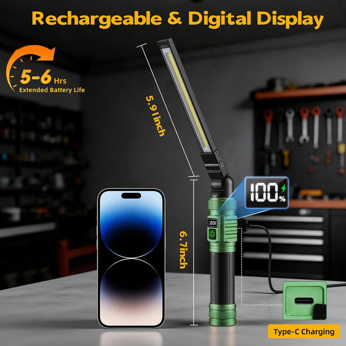 LNRYY Paquete de 2 luces de trabajo magnéticas, 1500 lúmenes altos y luz de trabajo LED recargable de aluminio, 7 modos y rotación de 360°, luz mecánica para reparación de automóviles, regalos del día